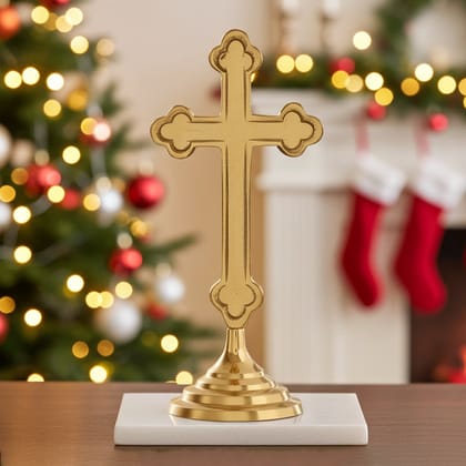 Brass Decorative Showpiece Christmas Cross � Spiritual Religious Showpiece For Gifting, Height : 12.5 Inch (FMAS486 D)