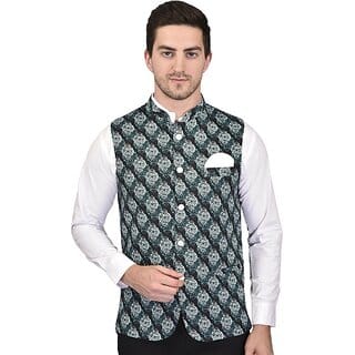 PrintCulture Men Printed Black Cotton Blend Nehru Jacket