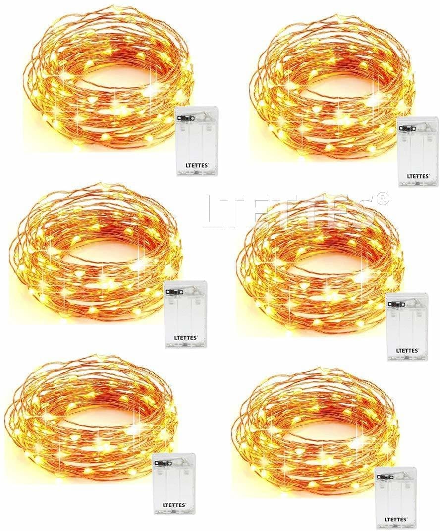 SPARKWORLD Warm White Battery Fairy Copper Wire Lights 6 Sets of 5m LED String Lights for Decoration (Pack of 6) | Size: 3.02 m | Colour: Yellow