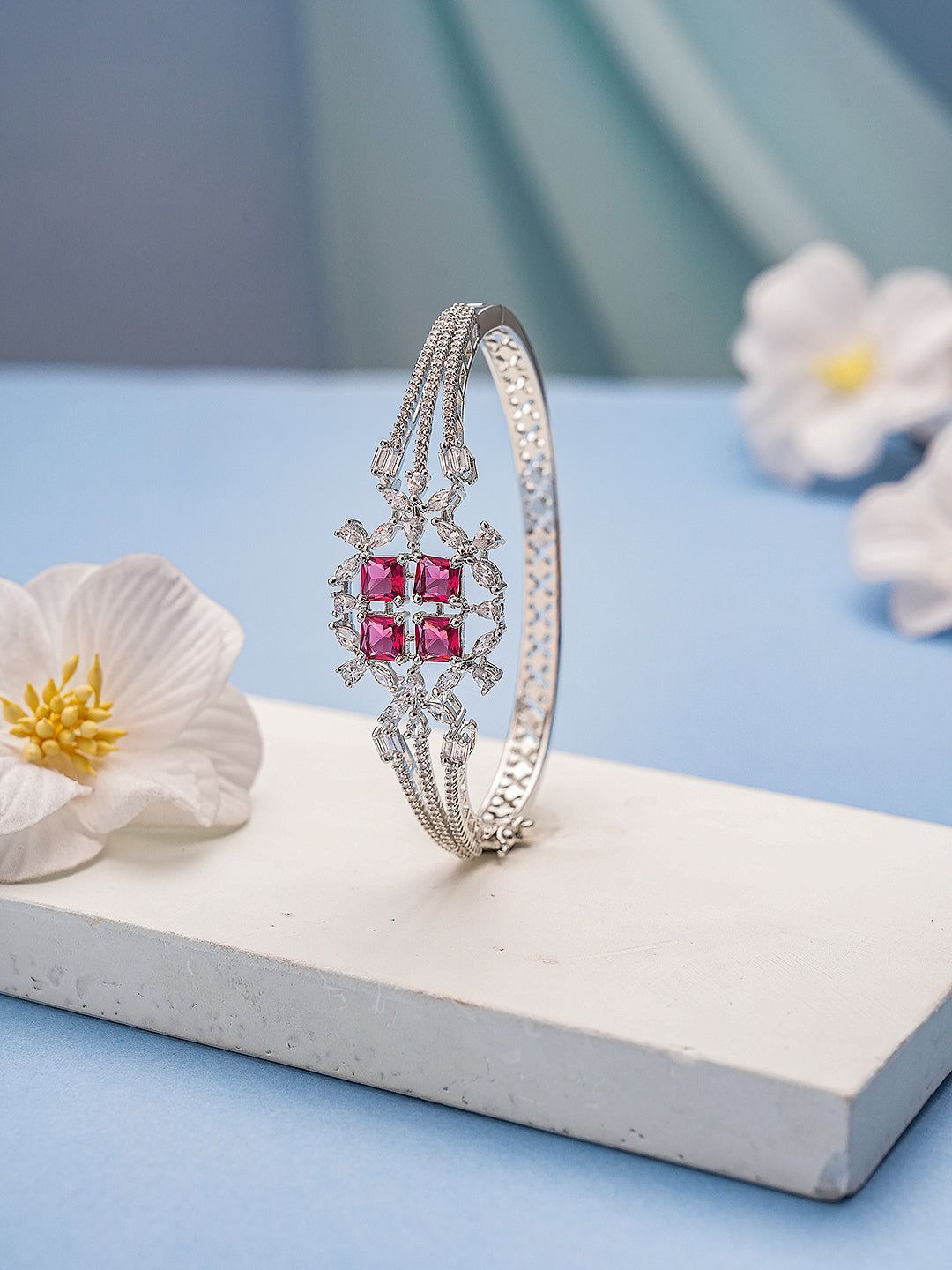 Silver Plated Ruby Red  Cubic Zirconia Geometric Luxe Bridal Kada Bracelet