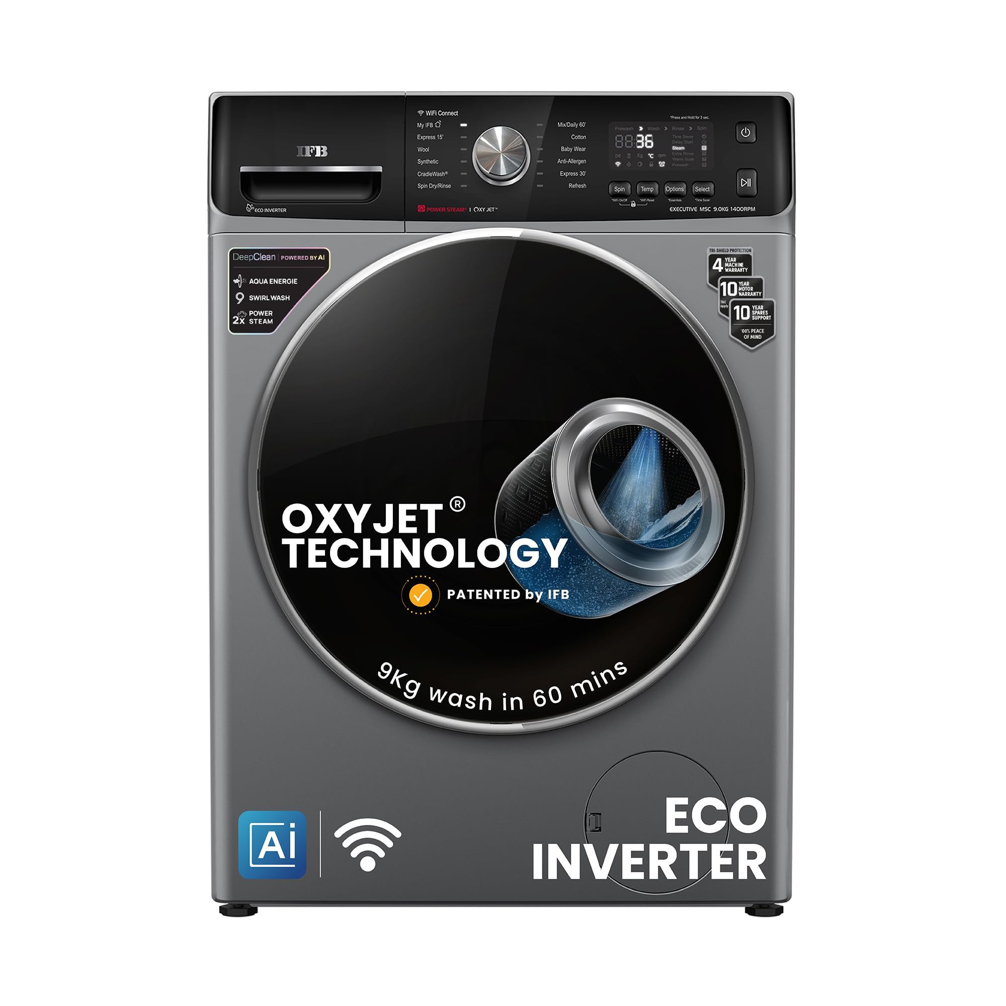 IFB 9Kg 5 Star with Deep Clean Oxyjet Technology, AI Powered, Wi-Fi, Fully Automatic Front Load Washing Machine (EXECUTIVE MSC 9014 SSL, Steam Refresh Program with Eco Inverter, Metallic Silver) IFB 9Kg 5 Star with Deep Clean Oxyjet Technology, AI Powere