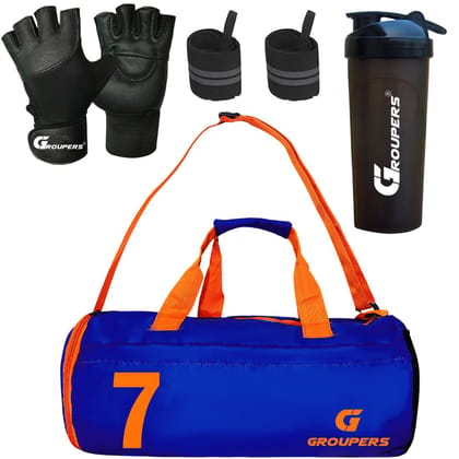 GROUPERS Combo Set of Duffle Polyester Bag with Shaker Bottle-700ml, Gloves & Wrist Band (Blue 07) GROUPERS Combo Set of Duffle Polyester Bag with Shaker Bottle-700ml, Gloves & Wrist Band (Blue 07)