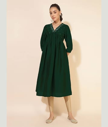 Janasya Pack of 1 Silk Blend Embroidered Flared Women's Kurti - ( Green )