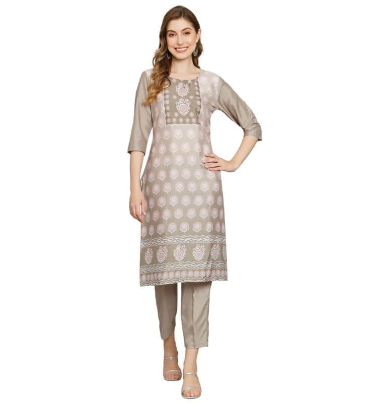 Women's Casual 3/4th Sleeve Printed Crepe Kurti Set (Beige, L)-PID46136