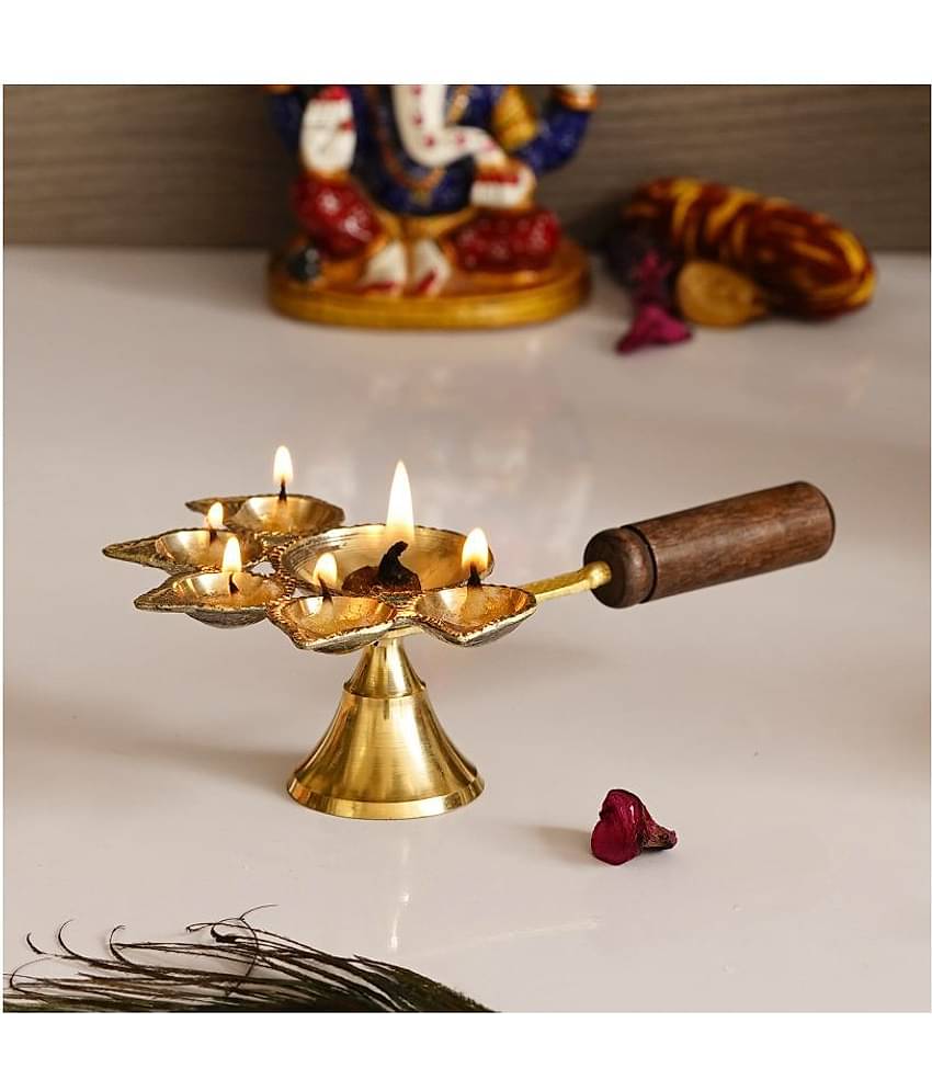 eCraftIndia Brown & Gold Brass Panchdeep Diya With Wooden Handle