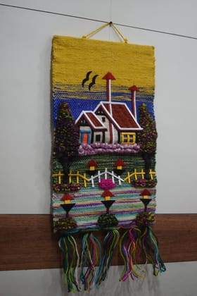 Handwoven Decorative Wall Tapestry, Traditional House Design, Multicolor, Wool Blend, Colorful Fringe, Folk Art Style, Yellow Background Handwoven Decorative Wall Tapestry, Traditional House Design, Multicolor, Wool Blend, Colorful Fringe, Folk Art Style, Yellow Background