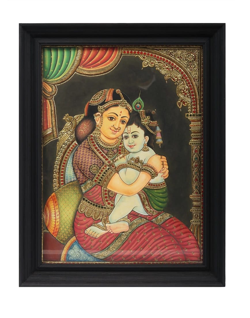 Little Krishna with Yashoda Traditional Tanjore Painting By Authentic Handcrafted Method (Size 18x14)
