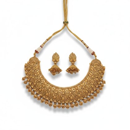 Antique Gold-Toned Traditional Necklace and Jhumka Earring Set