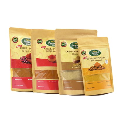 Manackal Foods Traditional Spice Combo | Piriyan Chilli Powder-200g, Red Chilli Powder-200g, Coriander Powder-200g& Turmeric Powder-100g | Pure, Fresh & Preservative-Free | Pack of 4-700g