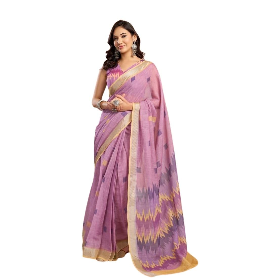 Women's Faux Linen Floral Ready to wear Saree With Unstitched Blouse 5.5Mtr (Lavender)-PID65911