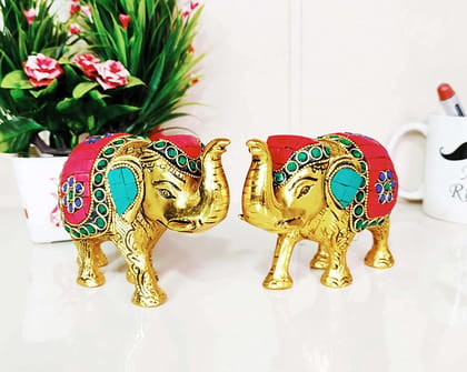 DreamKraft Metal Elephant Statue Medium Size with Stone Work, Set of 2 Pcs