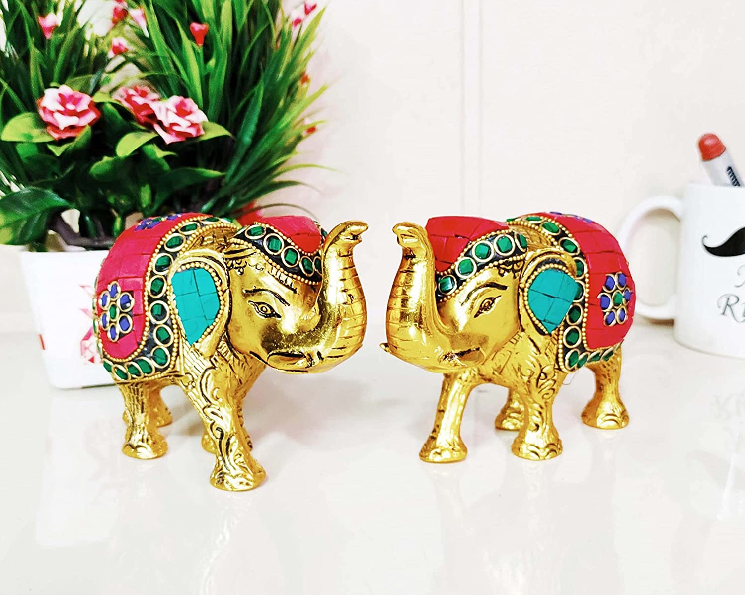 DreamKraft Metal Elephant Statue Medium Size with Stone Work, Set of 2 Pcs