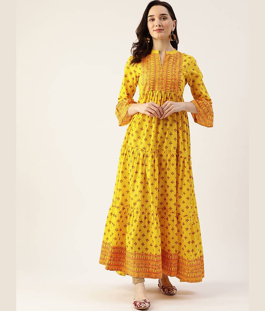 Kbz Women Cotton Printed Ethnic Dress ( Yellow )