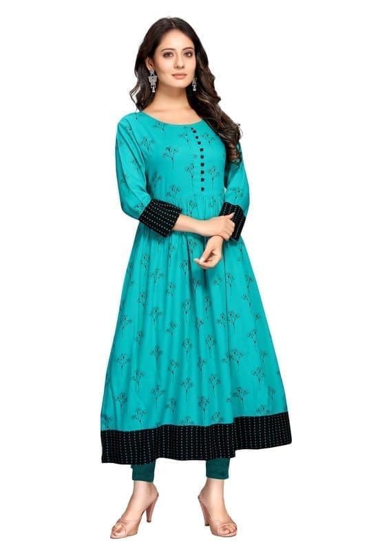 Women's Casual 3/4 Sleeve Viscose Rayon Printed Kurti (Dark Green, XL)-PID46371