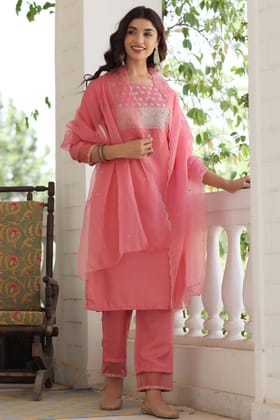 Pink Poly Silk Solid Sequin Straight Suit Set PKSKD1159