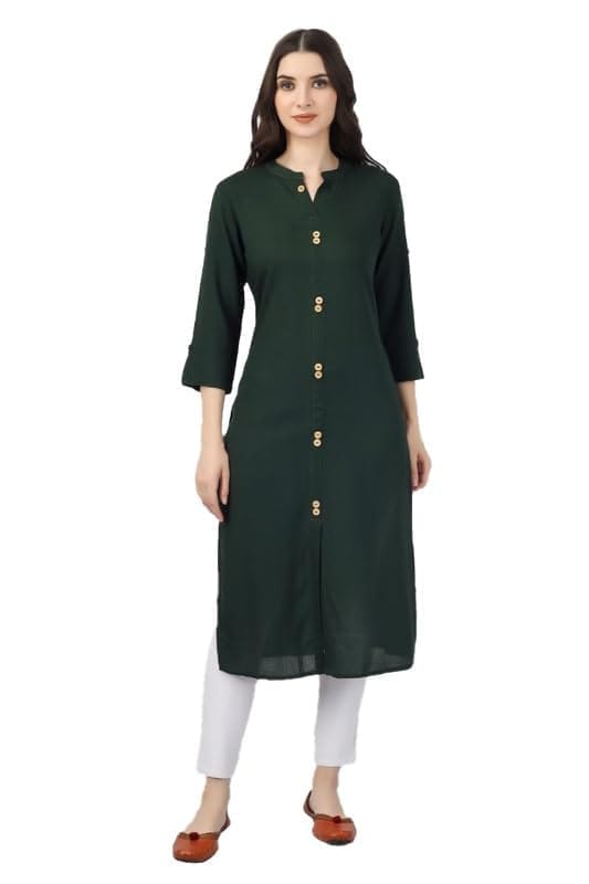 Women's Solid Calf Length Rayon Kurti (Green, M)-PID46325