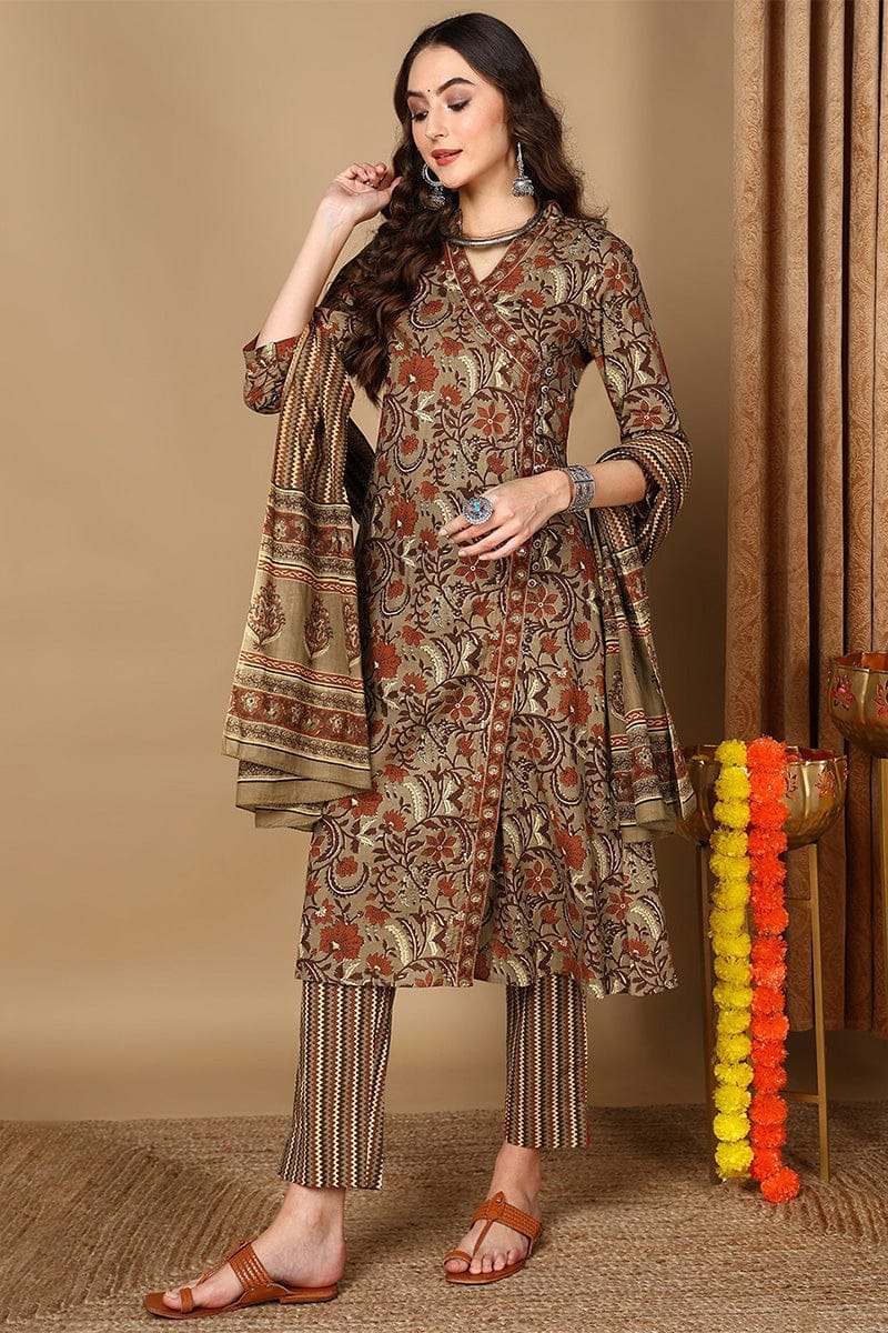 Taupe Pure Cotton Floral Printed Anarkali Suit Set VKSKD2068