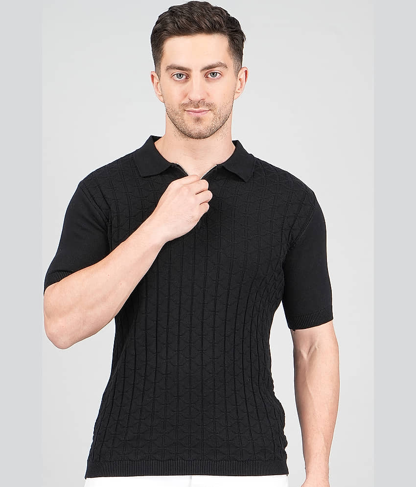 FEVERFEW Men Cotton Regular Fit Self Design Polo T Shirt ( Black )
