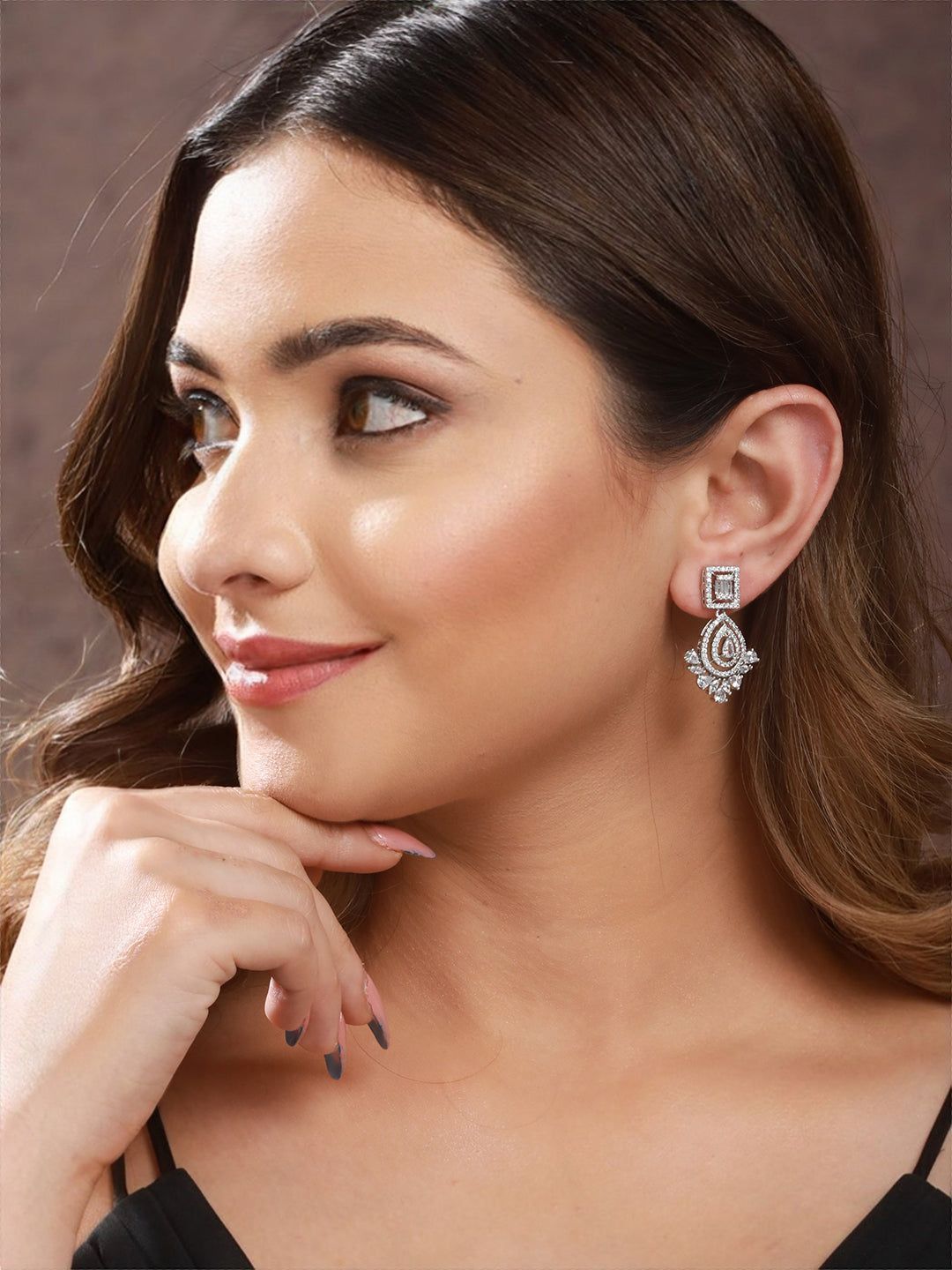 Silver Toned CZ Studded Minimal Chandbali Earrings