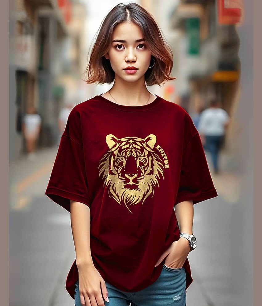 AUSK Women Cotton Blend Printed Oversized Round Neck T-Shirt ( Maroon )