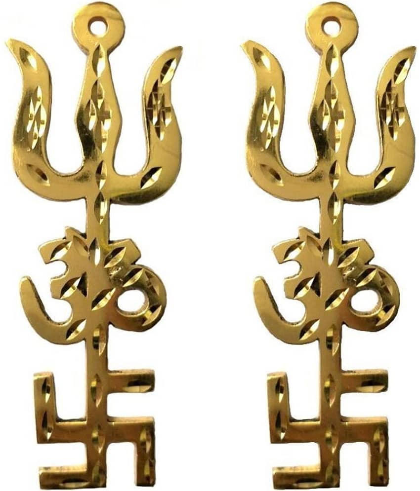 RUDRADIVINE Indian Traditional Bronze Trishul Om Swastika Yantra Wall Hanging Showpiece for Home Decor (4-Inch, Golden)