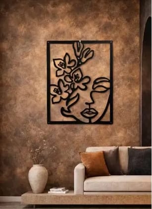 Oshi Decor Metal Wall Art Decor Abstract Face with Floral Design | Modern Black Iron Wall Hanging for Living Room, Bedroom & Office