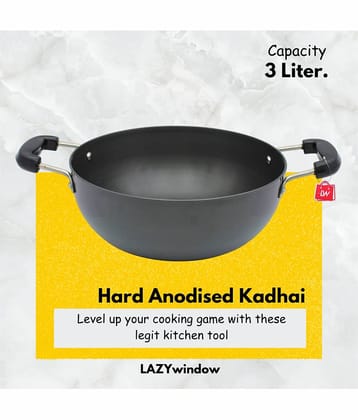 LAZYWINDOW Non coated Aluminium Deep Kadhai Induction Bottom Stainless Steel Handle 3 Thickness mm 25 cm Diameter ( 3 L )