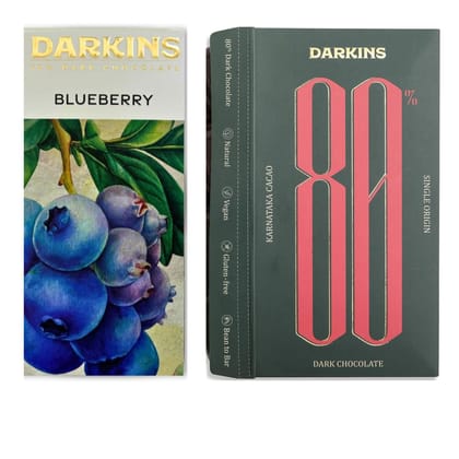 DARKINS Dark Chocolates | 70% Dark Chocolate With Blueberries | 80% Dark Chocolate Single Origin | Vegan | Natural | Bean To Bar | Cacao Beans | Unrefined Cane Sugar | Pack Of 2 DARKINS Dark Chocolates | 70% Dark Chocolate With Blueberries | 80% Dark Chocolate Single Origin | Vegan | Natural | Bean To Bar | Cacao Beans | Unrefined Cane Sugar | Pack Of 2
