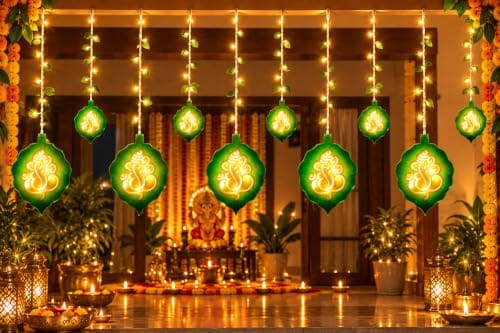 fizzytech Leaf Ganesh Curtain LED String Lights with 8 Lighting Modes for Pooja Room, Diwali, Festival & Home