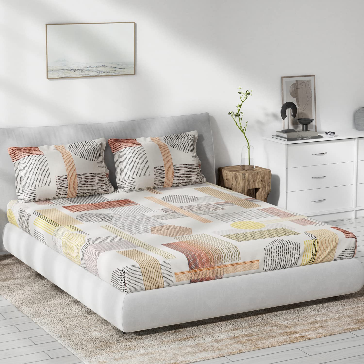 DDECOR - Primary Collection 100% Cotton Geometric Pattern 136TC King Bedsheet |229 CM X 274 CM| Multi