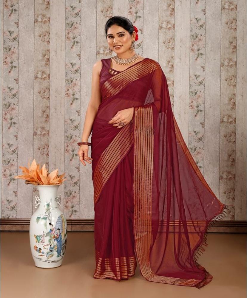 Women's Chiffon Fabric Plain Saree with Unstitched Blouse (Maroon, 5-6 Mtrs)