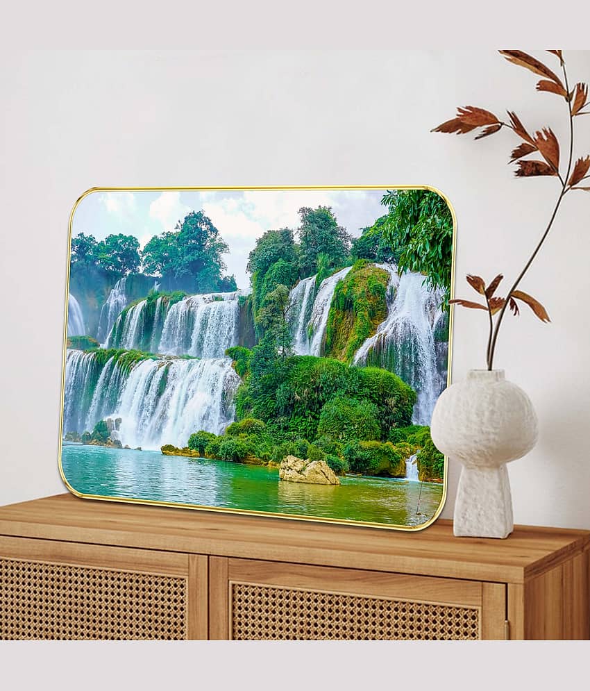 Livin'luxe Majestic Waterfall Wall Painting | Lush Green Forest Stream Art with Golden Frame for Home Décor 13.5 Inch x 19.5 Inch