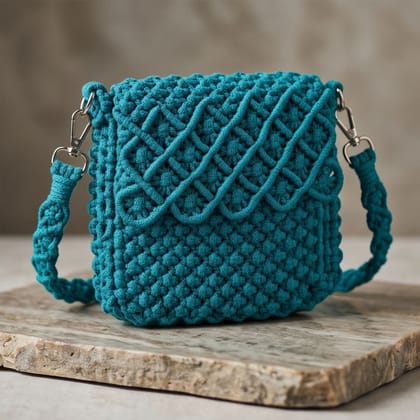 Hand-Knotted Teal Macrame Handbag