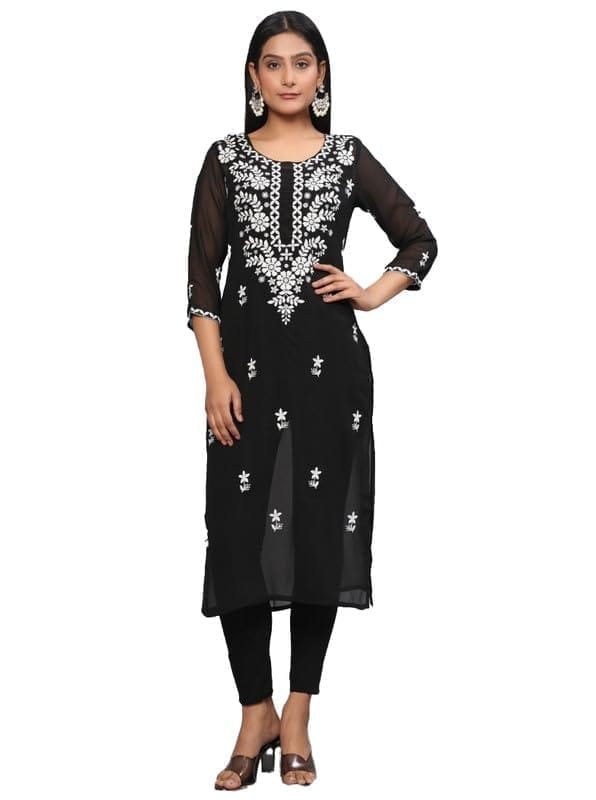 Women's Casual 3/4th Sleeve Embroidered Georgette Kurti (Black, 2XL)-PID46913