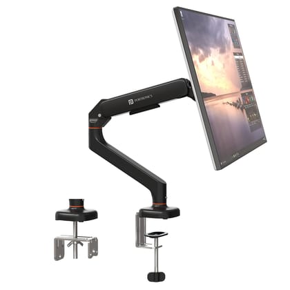 Portronics Aerolift Solo Monitor Desk Mount Arm, VESA 75x75 & 100x100 mm, Full Motion Tilt/Swivel/Rotation,  C-Clamp & Grommet Installation, Aluminium Build - Black