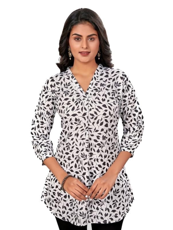 Women's Poly Crepe Chinese Collar 3/4 Sleeves Short Top (Black-White, XL)-PID56258