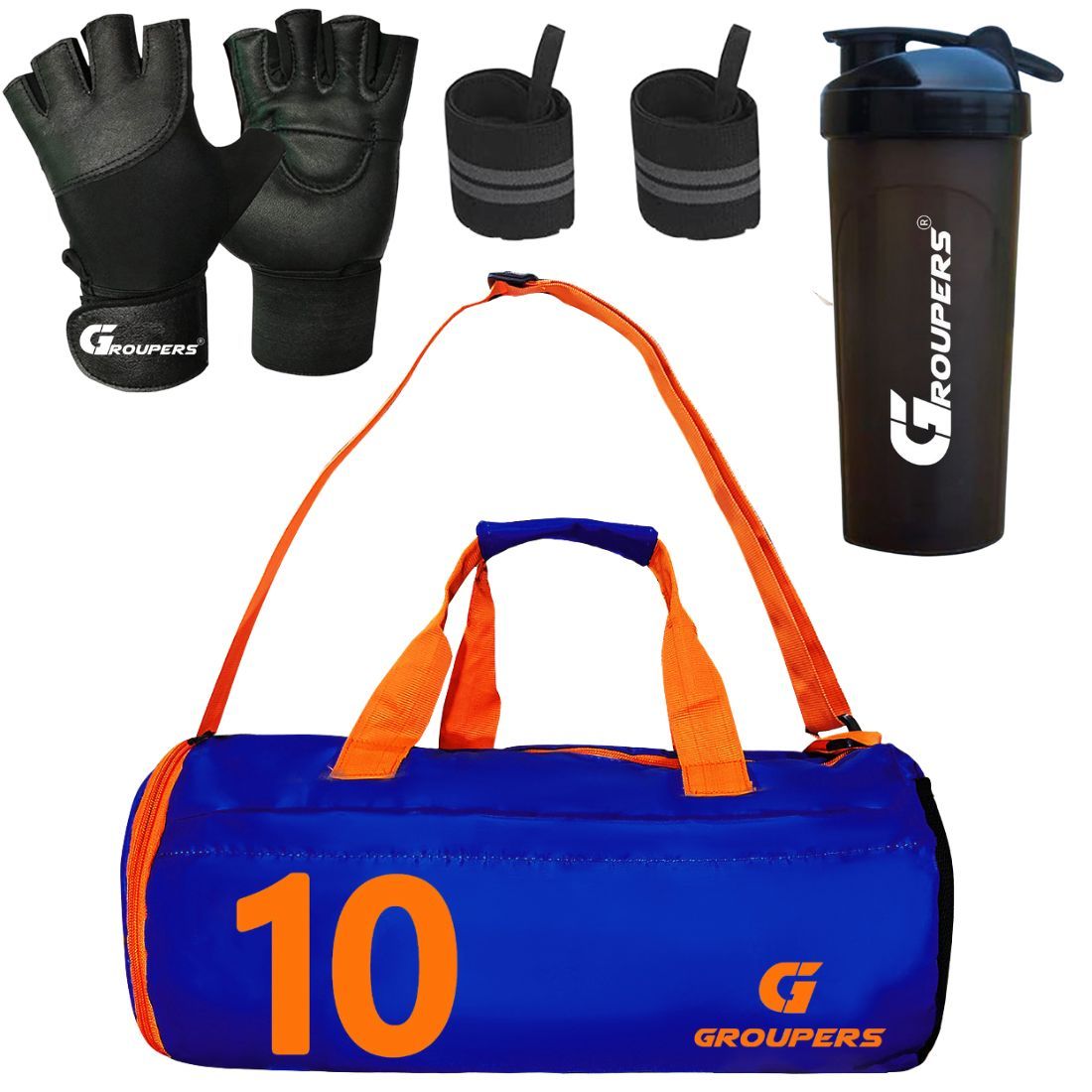 GROUPERS Combo Set of Duffle Polyester Bag with Shaker Bottle-700ml, Gloves & Wrist Band (Blue 10)