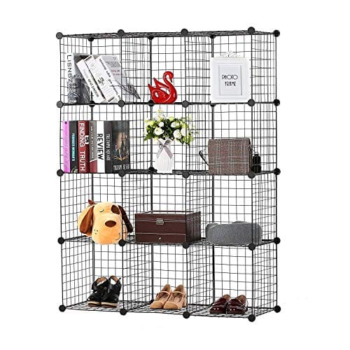 Metallic Wire Storage Organiser - Book Shelf, Kitchen Organiser - Iron Mesh Powder Coated - 12 Cubes - Black