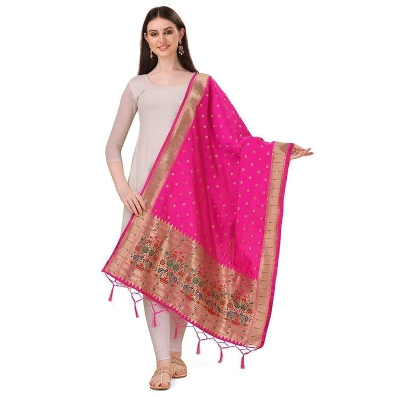 Women's Silk Pure Zari weaving Duppatta (Pink, Leangth: 2-2.3 Mtrs)-PID44918