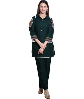 HeteShe Cotton Embroidered Kurti With Pants Women's Stitched Salwar Suit - Green ( Pack of 1 )