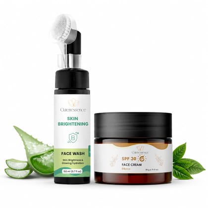 Cutenessence Skin Brightening Combo | Foaming Face Wash with Kakadu Plum, Niacinamide & Vitamin C + SPF 30 PA+++ Face Cream | Helps Brighten Dull-Looking Skin, Improve Uneven Skin Tone & Protect from Sun | Complete Daytime Skincare Routine | 150ml + 50g