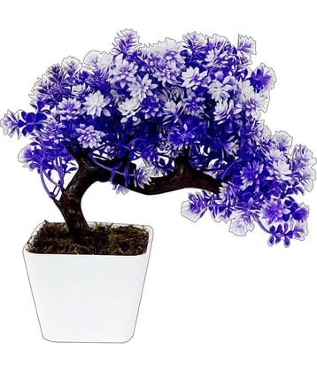 YUTIRITI Bonsai Tree White Flowers Purple Artificial Plants Bunch Plastic - Pack of 1
