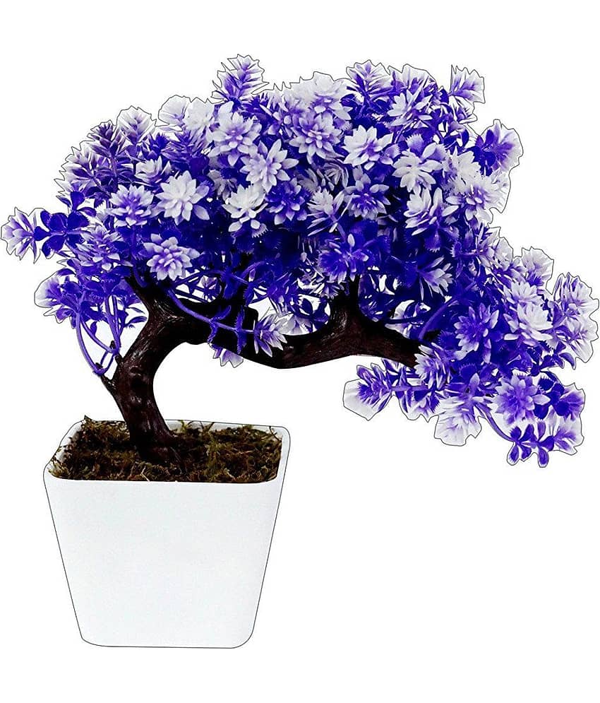 YUTIRITI Bonsai Tree White Flowers Purple Artificial Plants Bunch Plastic - Pack of 1