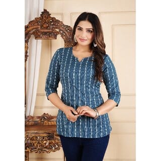 Women Striped Cotton Blend Straight Casual KurtI Top For Women's (Navy Blue)
