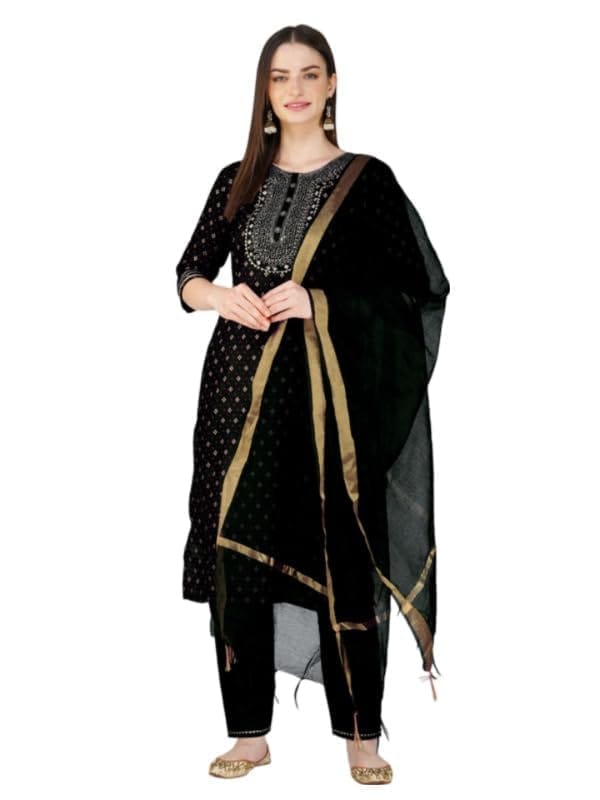 Women's Casual 3-4 th Sleeve Embroidery Cotton Kurti Pant Dupatta Set (Black, 2XL)-PID50207