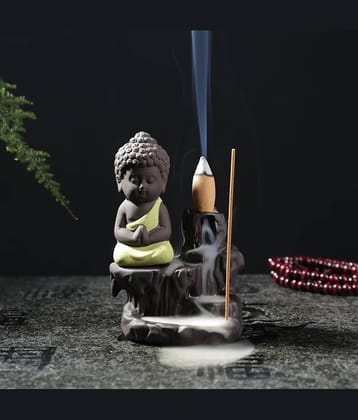 Yukti Yellow Polyresin Monk Buddha Smoke Backflow - Pack of 1