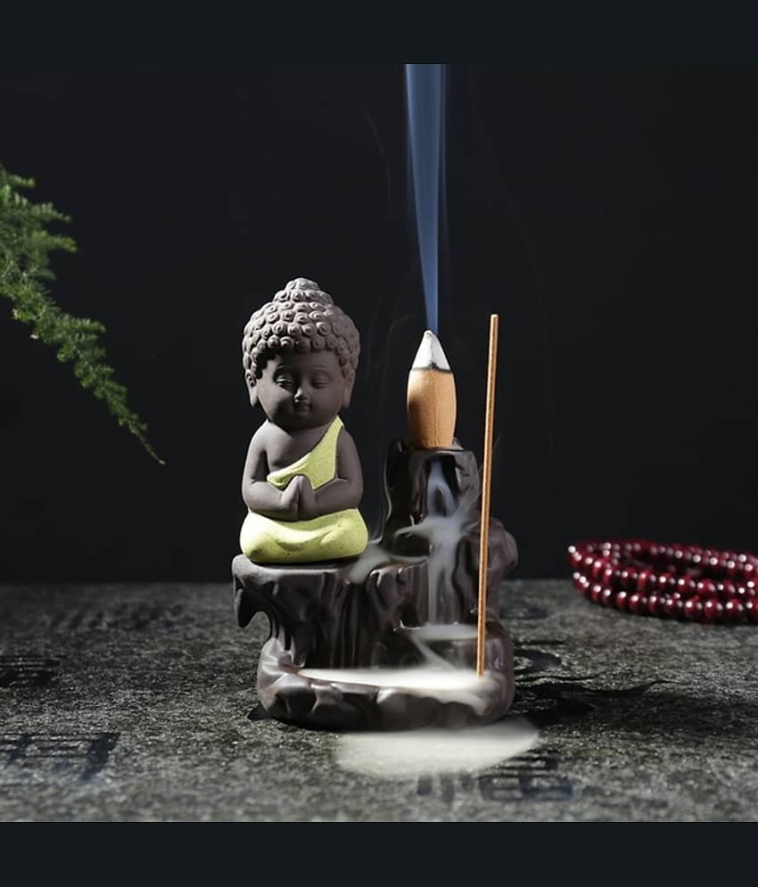 Yukti Yellow Polyresin Monk Buddha Smoke Backflow - Pack of 1