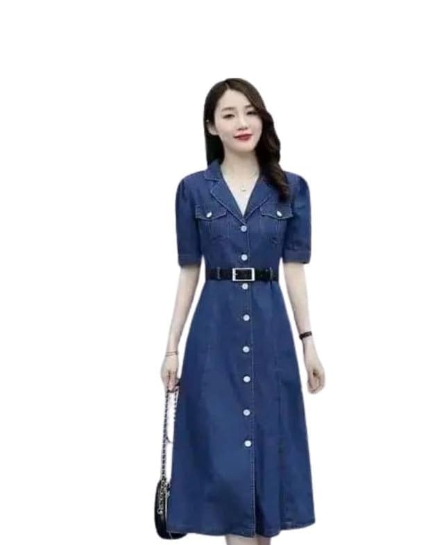Women's Casual Denim Half Sleeves Dress (Blue, M)-PID63353