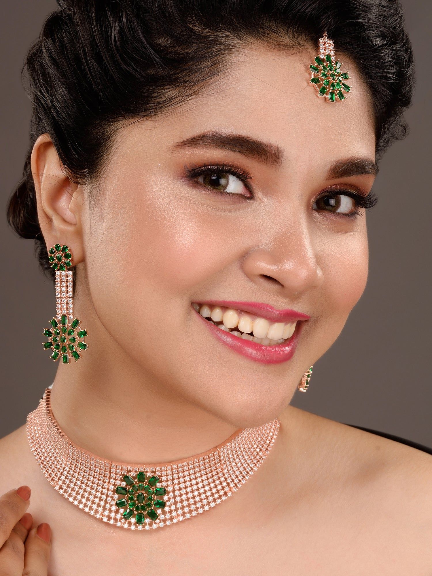 Rose gold Toned Green AD Studded Contemporary Choker Jewellery Set Tika