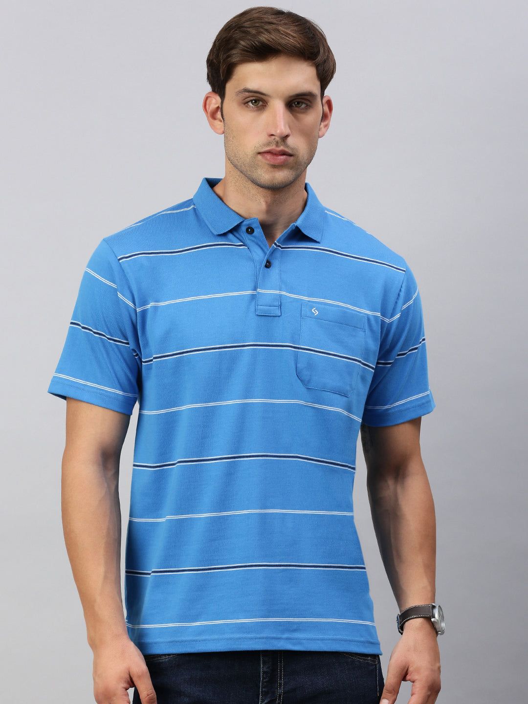 Classic Polo Men's Half Sleeve Royal Blue Polo Neck Authentic Fit Striped T-Shirt | AVON - 581 A AF P